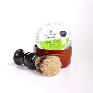 Shave Like a Boss with this gift set, including natural shave soap, wooden bowl, and natural bristle shave brush. Auminay Naturals.