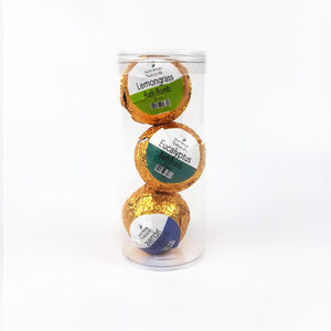 Gift set with 3 aromatherapy bath bombs in a tube, perfect for stocking stuffer from Auminay Naturals.