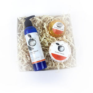 Citrus Spa Set for Self Care Gift, uplifting citrus in lotion, bath bomb, and wassail soap. Auminay Naturals.