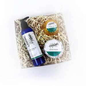 Rosemary Spa Set for balancing self care gift, with bath bomb, goat milk soap, and lotion, from Auminay Naturals.
